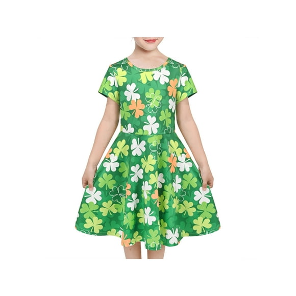 Vestido de Niña Verde Trébol de San Patricio Festivo Casual de Verano Vestido Veraniego 10 Años