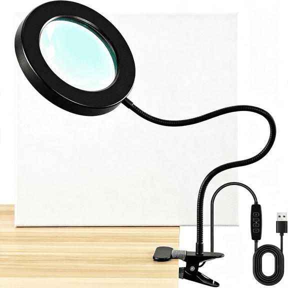Ueljzpe 10X Magnifying Glass with Light and Timer,2 in 1 Magnifying Desk Lamp,3 Color Modes 10 Dimmable Brightness,Flexible Gooseneck Magnifier Light for Craft Hobby Sewing Close Work(No Adapter)