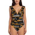 thumbnail image 2 of Yiaed Yellow Excavator Print Women's Ruffled One Piece Swimsuit V Neck Swimwear Slimming Monokini for Woman-Medium, 2 of 8
