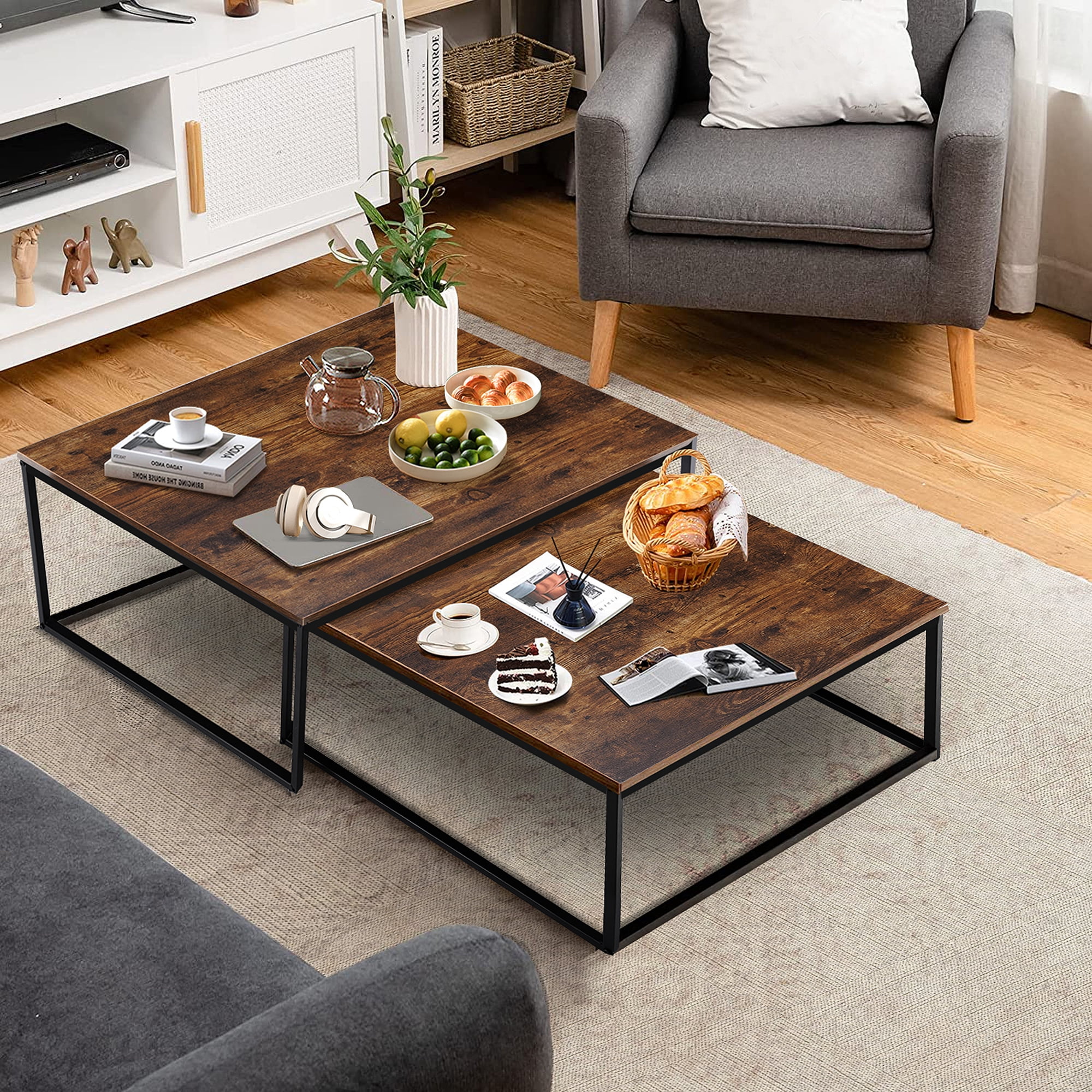 Chnnmbrn Coffee Tables, 2 Piece Set Square Nesting Table for Living Room, Rustic Brown and Black