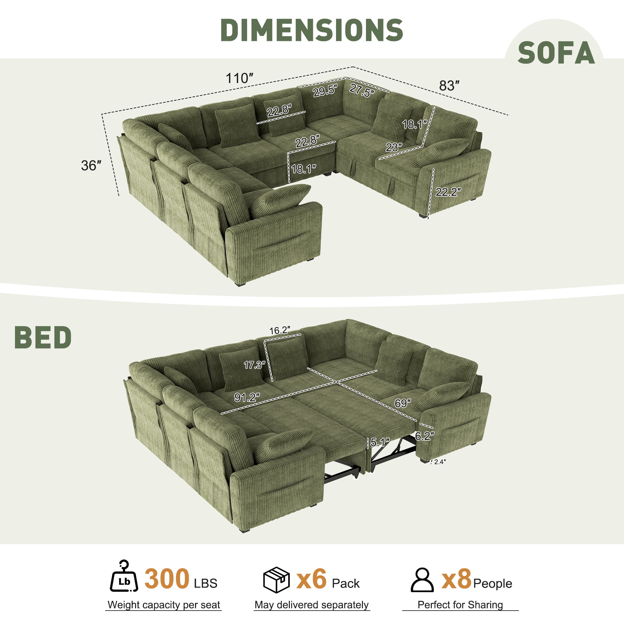 BedLuxury 110" Sectional Sleeper Sofa with Pull Out Bed, Storage Seat & USB Charging, U Shaped Modern Couch for Living Room, Corduroy Green