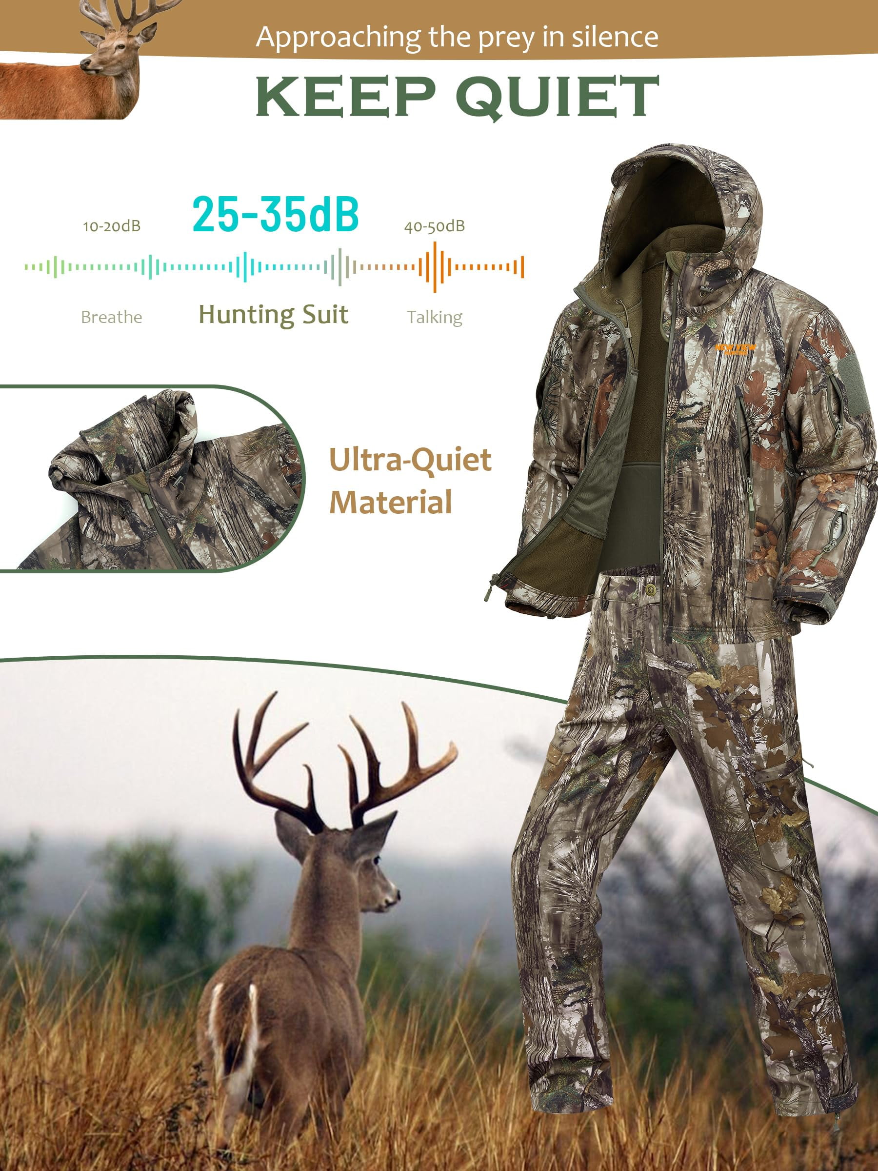 NEW VIEW Camouflage Hunting Clothes for Men, Silent Warm Hooded Jacket and Pants with Fleece Lined, Water-Resistant, Windproof Suits for Cold Weather (Leaf Camo L)