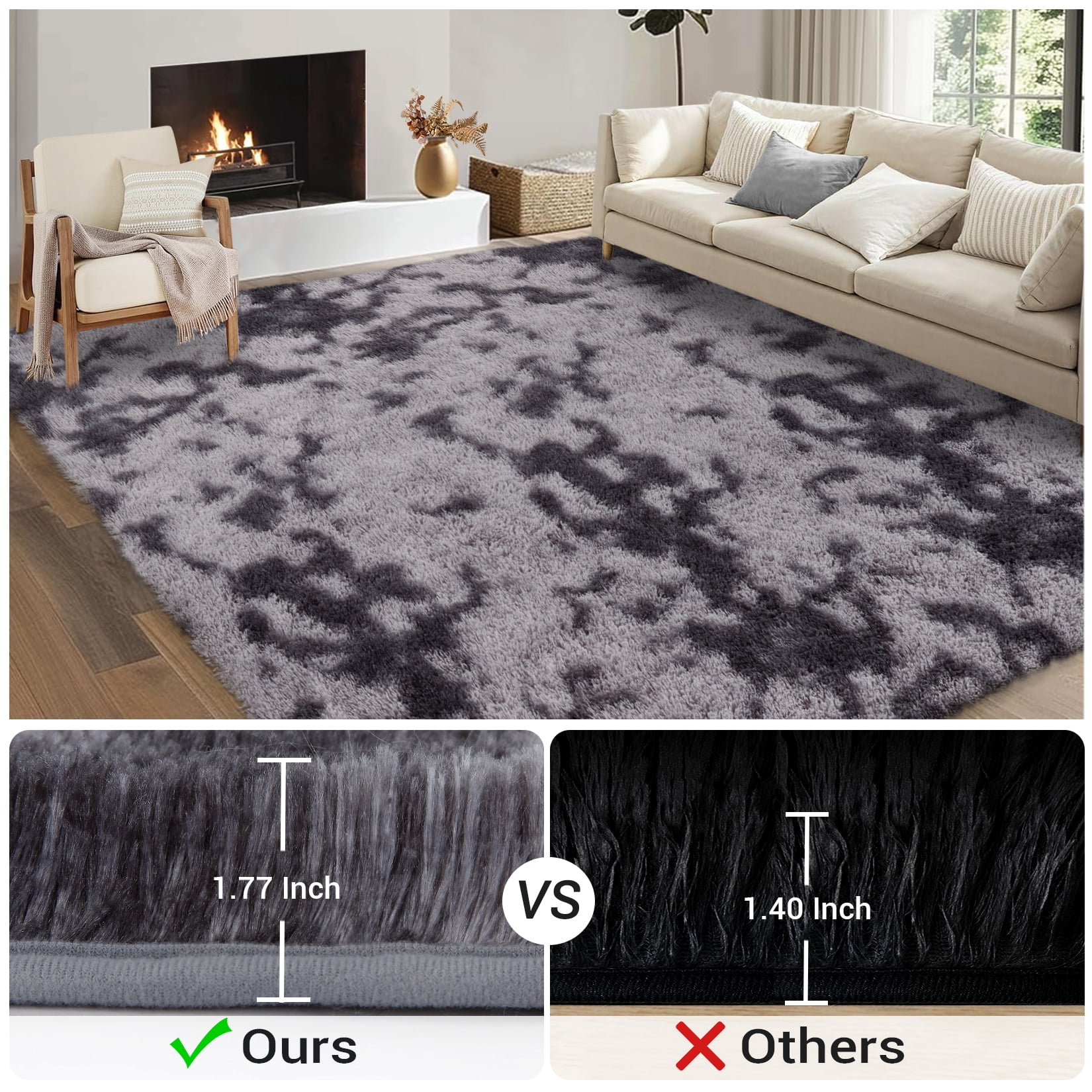 HOMERRY Plush Polyester Shag Area Rug 2'x 8' Fluffy Runner Rug Plush Decorative Runner Rug for Indoor Home Floor Carpet, Tie-dye Dark Gray