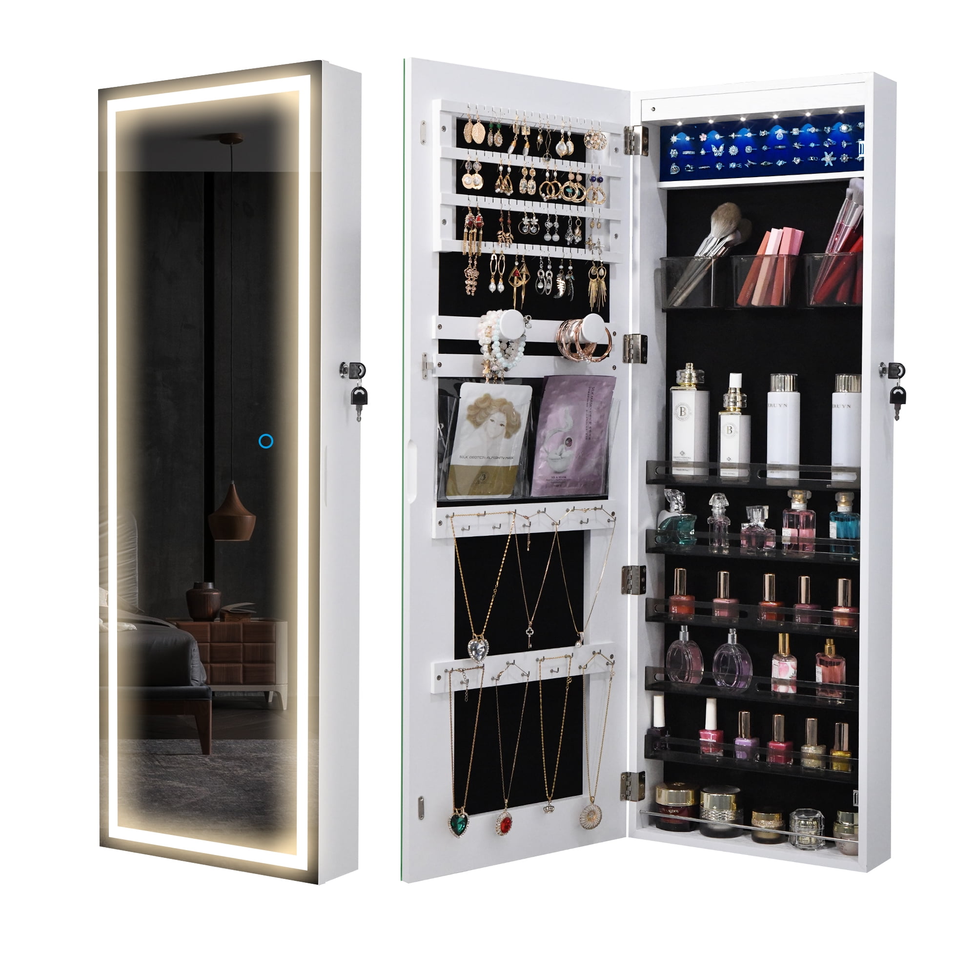 Wall Door Hung Lockable Mirror Jewellery Cabinet with LED Lights Makeup Storage 