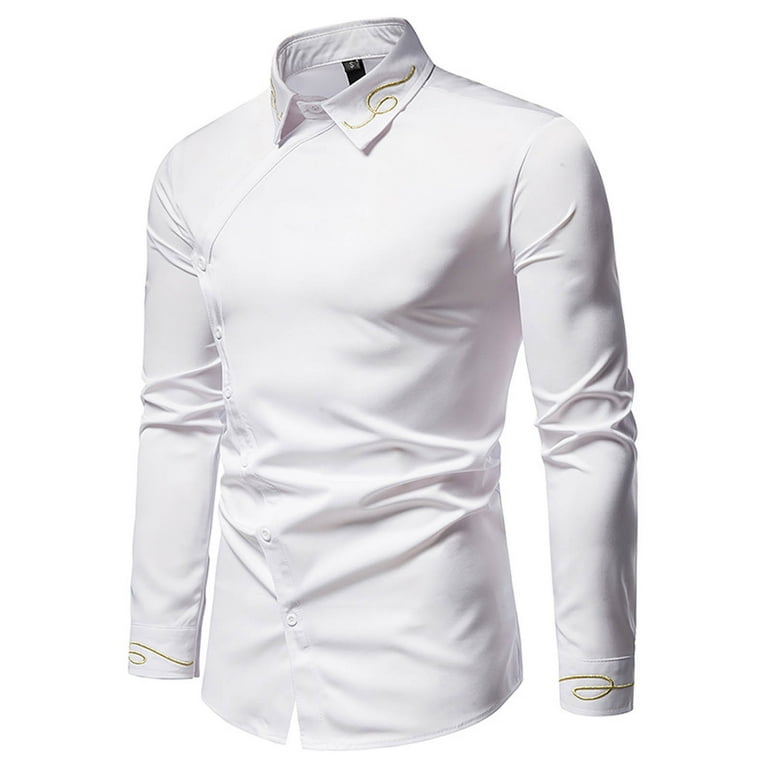 DDAPJ pyju Mens Dress Shirts Asymmetrical Hem Long Sleeve Button Down Shirts  Gold Embroidered Luxury Tuxedo Shirt Wrinkle Free Formal Shirts White XL -  Walmart.com