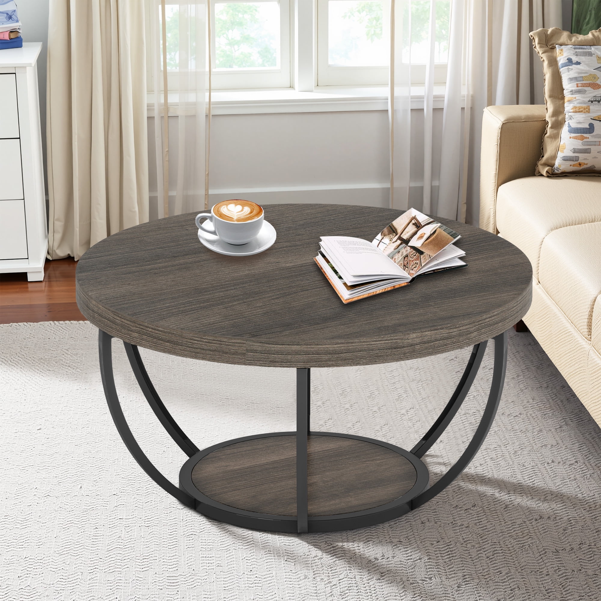 MAYEERTY 2 Tier Round Coffee Table Thickened Engineered Wood Sturdy Metal Base