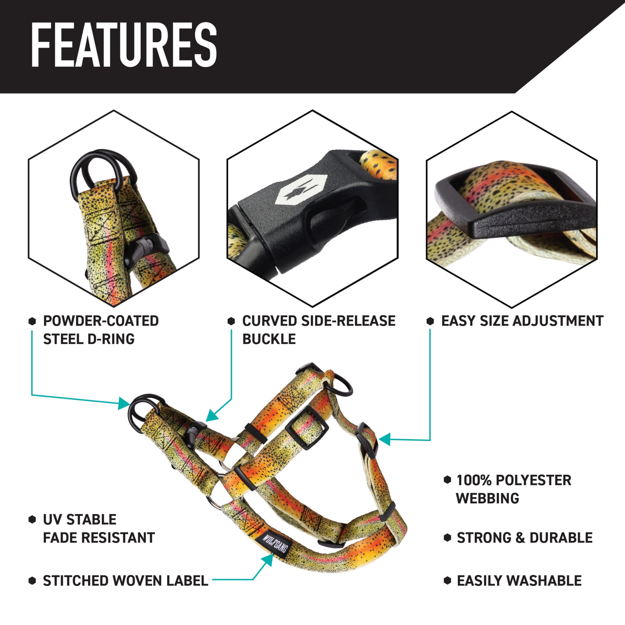 Wolfgang Heavy Duty Adjustable Dog Harness, Pull-Tested to Over 800 lbs for Walking & Training, CutBow Print, Small