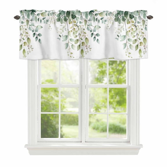 Valance Curtains for Windows Green Eucalyptus Leaf Kitchen Curtians Window Treatment Watercolor Leaf Topper Curtain Rod Pocket Valances for Kitchen Bathroom Living Room 60x18in