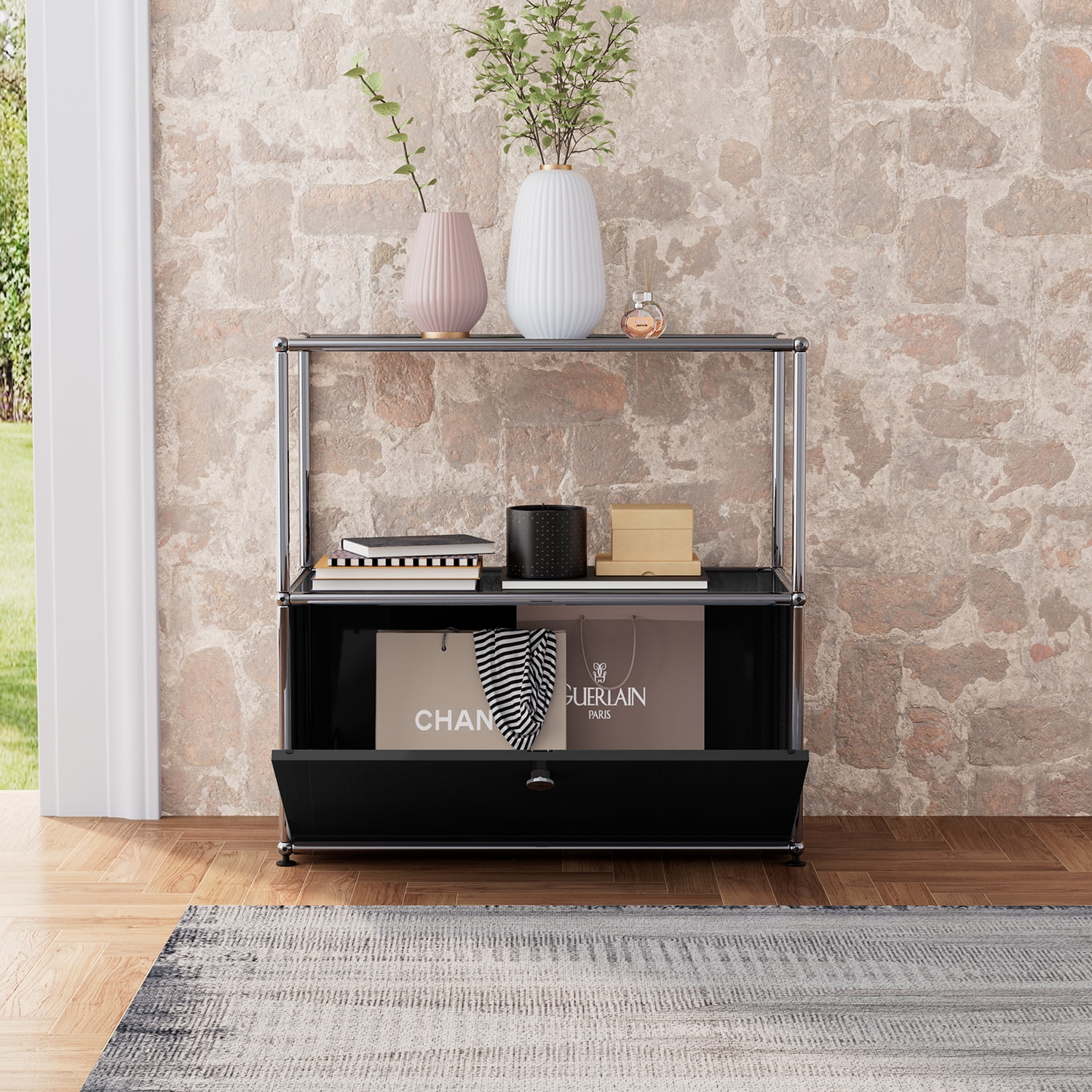 Cottinch 2-Tier Accent Cabinet,Metal Storage Cabinets with 1 Door,Open Shelf,Freestanding Organizer for Living Room,Black