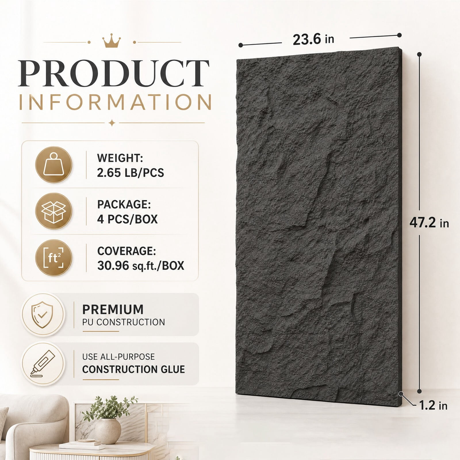 Plank & Hue 4Pcs 48"x24" 3D Faux Stone Wall Panels, Imitation Stone Wall Décor Wainscot Panel Board for Interior Accent Walls, Carbon Gray