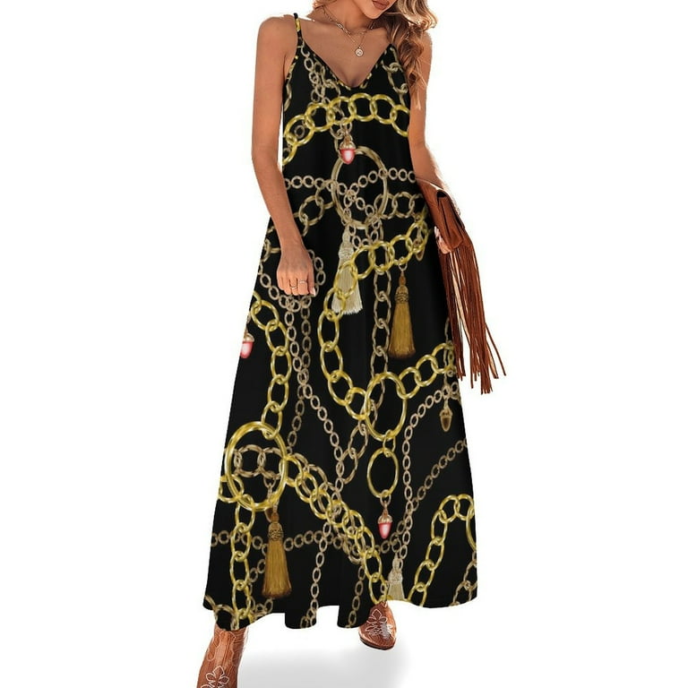 Gold Chains Dress Jewelry Print Vintage Maxi Dress Street Fashion