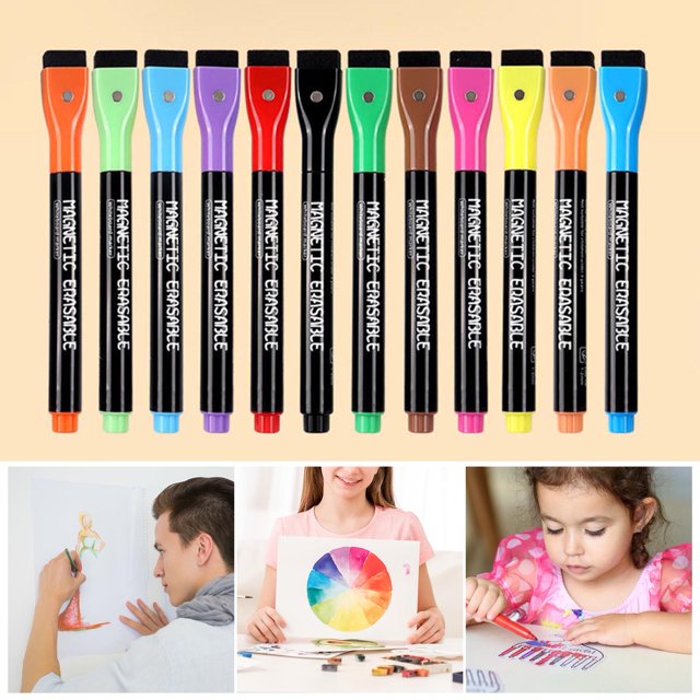 Musbetu 12Pcs Magnetic Liquid Marker Pen Dry Erase Highlighter Pen for Calendar Planning Board Whiteboard Window/Mirror 12 Colors Planner Marking Pen School Office Supplies