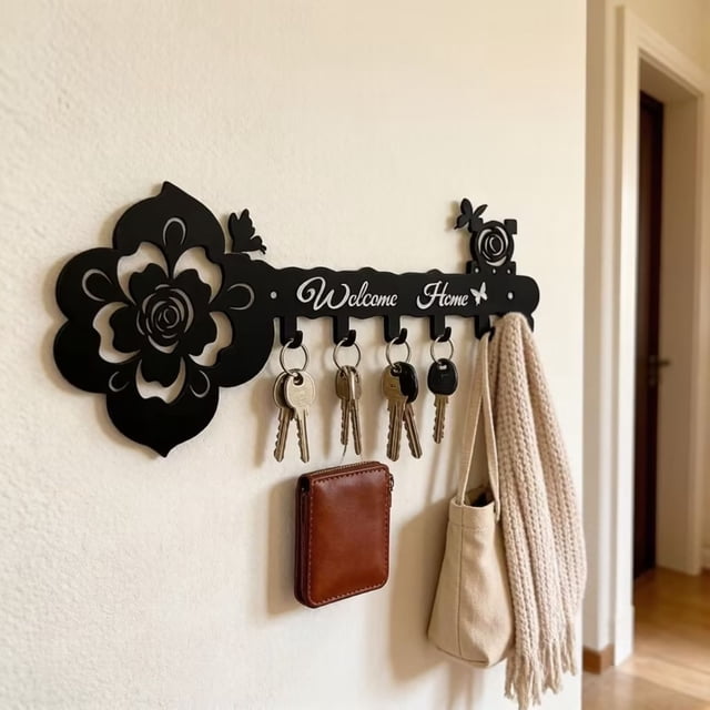 Perchero de Pared de Hierro con Diseño de Flores para Llaves: Organizador Decorativo para La Entrada con 6 Ganchos para Llaves, Abrigos y Accesorios.