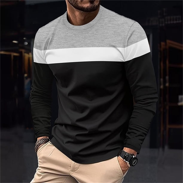 pstuiky camisas de manga larga para hombre, Camiseta deportiva informal de manga larga con cuello redondo y parches para hombre top de hombre m