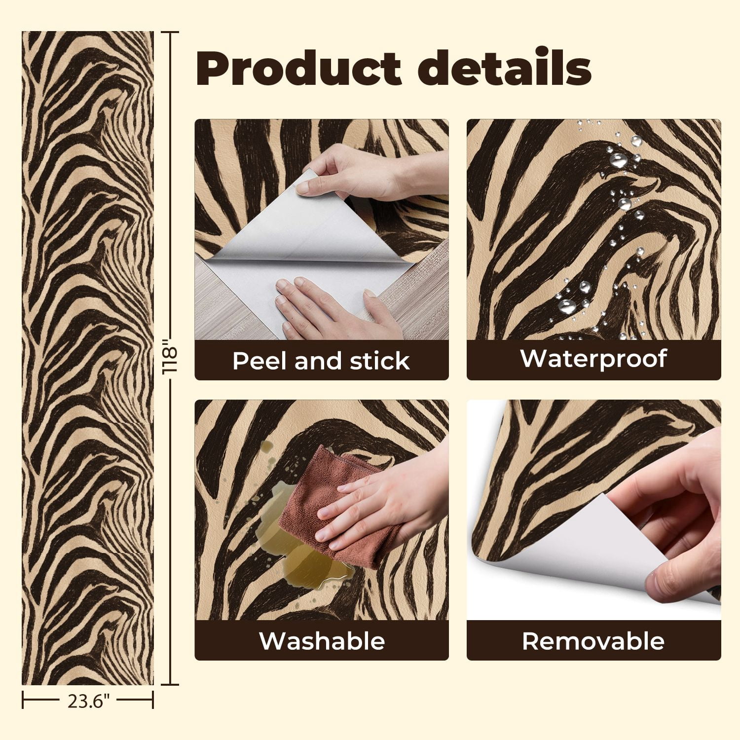 Peel and Stick Wallpaper Abstract Zebra Stripes Bold Black Beige Wall Mural 23.6in x 9.8ft Self Adhesive Removable Wall Paper Renter Friendly Wallpaper for Bedroom Nursery Living Room