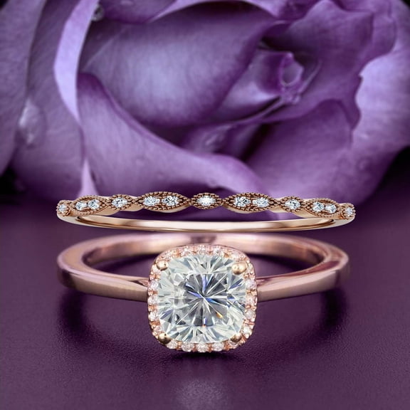 Dazzling Halo 2.05 Carat Cushion Cut Diamond Moissanite Engagement Ring, Wedding Ring, One Matching Band in 925 Sterling Silver With Plain 18k Rose Gold Plating Shank Gift For Her,Bridal Promise Ring