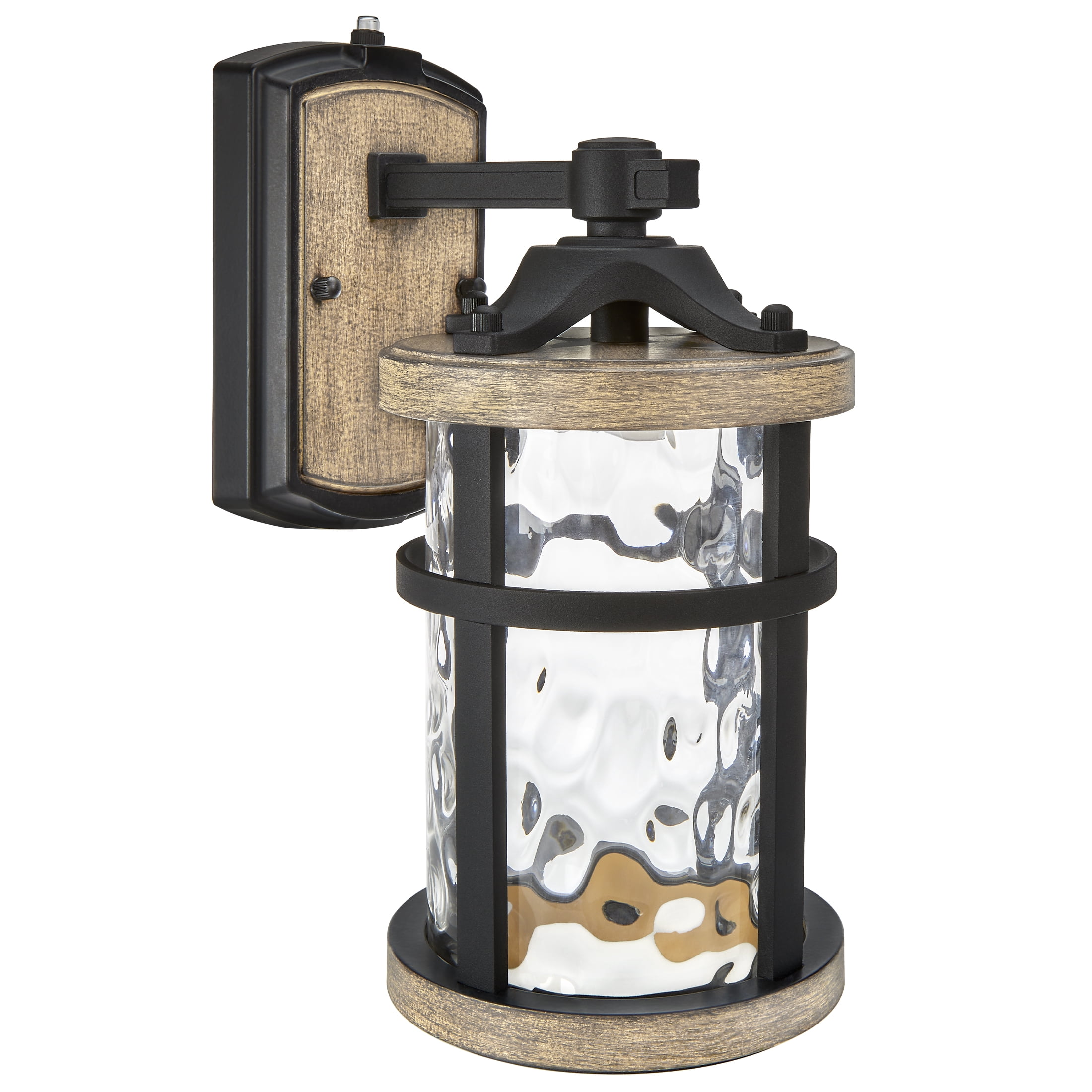 Maxxima LED Outdoor Wall Light, Black w/ Wood Grain Style Finish, Clear Hammered Glass, 800 Lumens, 3000K Warm White, Dusk to Dawn Sensor, Farmhouse Wall Mount Sconce, Rustic Coach Lantern