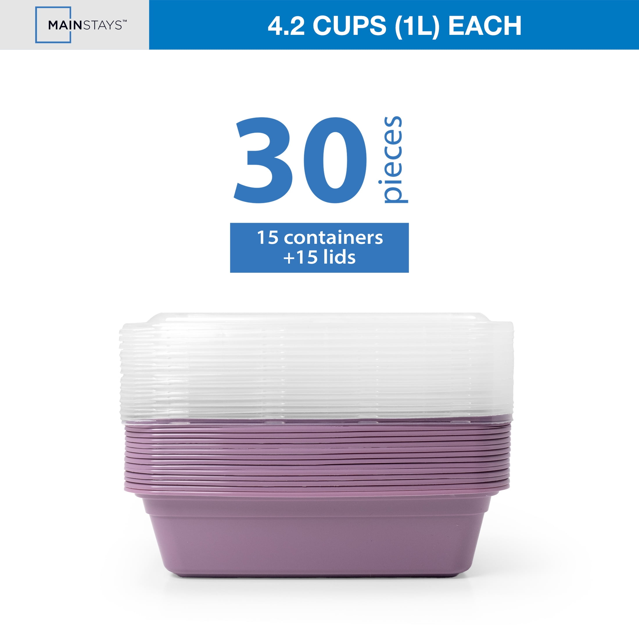 Mainstays 15-Pack 1-Compartment BPA-Free Plastic Meal Prep Food Storage Containers, Lilac Bloom