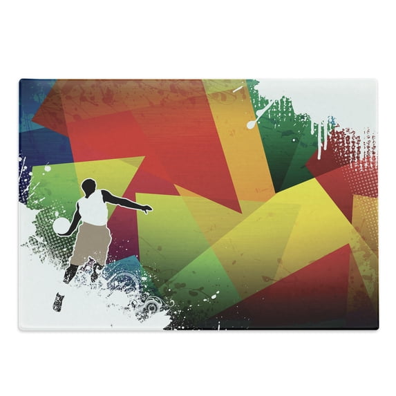 Basketball Cutting Board, Sports Jump Background Geometrical Shapes Paint Splashes Modern Art, Decorative Tempered Glass Cutting and Serving Board, Large Size, Multicolor, by Ambesonne