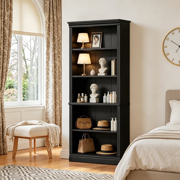Bookcase Bookshelves, 5-Shelf Tall Bookcase 71" Wood Open Display Floor Bookshelf, Large Storage Organizer for Library, Bedroom, Living Room (Black)