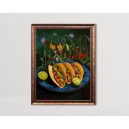 Tacos Whimsical Mexican Food Wall Art Moody Kitchen poster Fun Snack posters Taco Dark Green Still Life Foodie