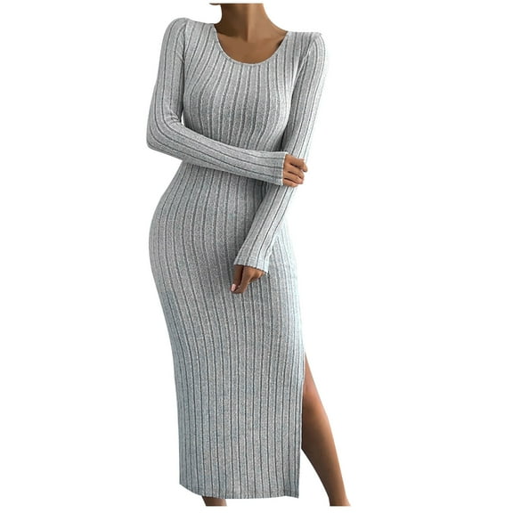 BangWanChi Maxi Dresses for Women Sexy Dresses for Women Dresses for Women Fashion Women Spring Sexy Casual Round-Neck Solid Long Leeve Dress