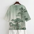 thumbnail image 5 of Xoenoiee Green Pine Tree Print Womens 3/4 Sleeve Tops Cotton Linen Shirts V Neck Lace Casual Loose Fit Blouses Button Down Boho Tees, M, 5 of 7