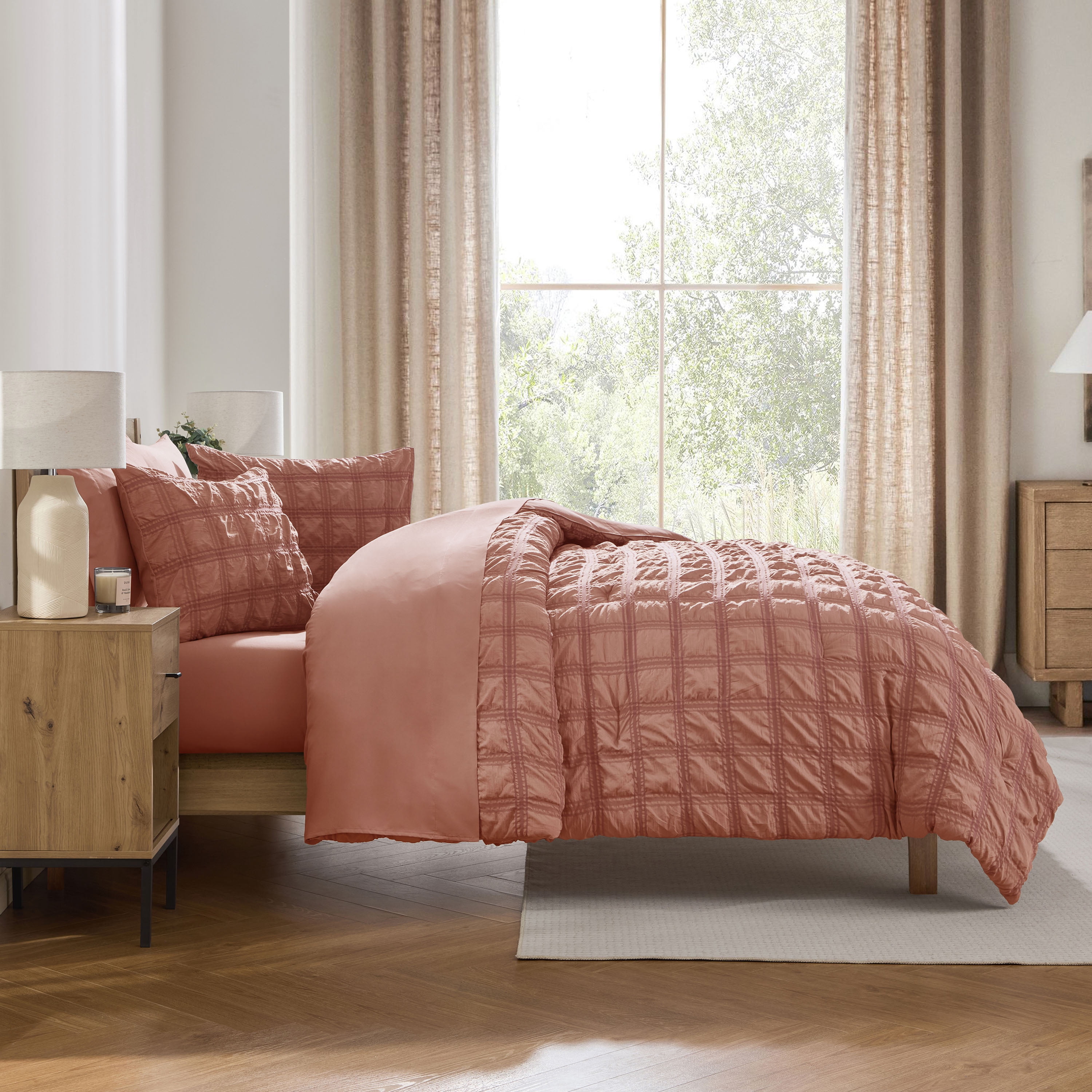 LammaLoe King Size Comforter Sets, 7 Piece Seersucker Bed in a Bag, Bedding Comforter Set with Sheets, Modern Bed Set, Mocha Brown