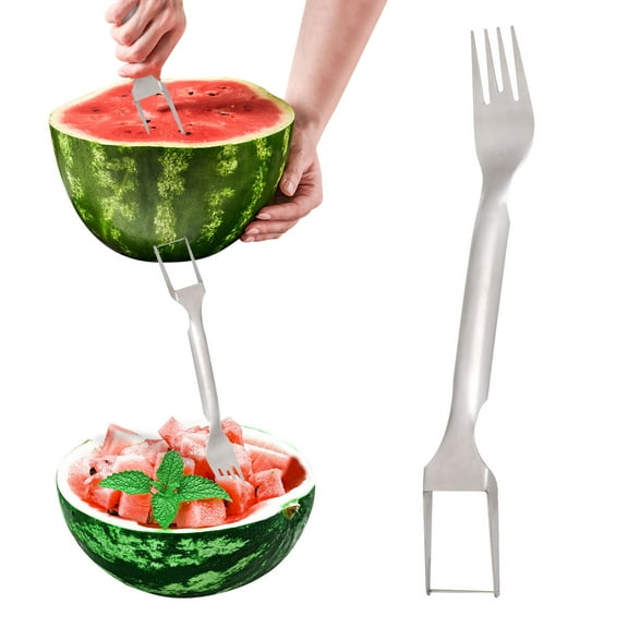 KCEHTA 2-in-1 Stainless Steel Fruit Cutter, Watermelon Fork Slicer Cutter, Portable Watermelon Fork, Summer Watermelon Cutter Slicer Tool for Home Camping Kitchen