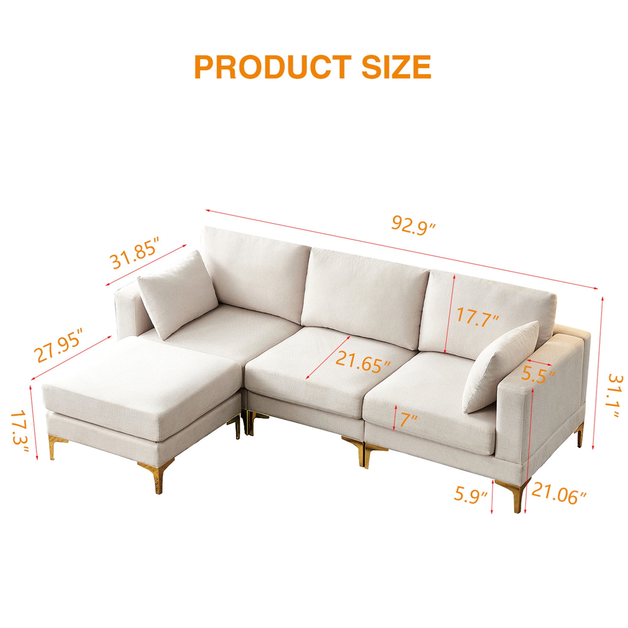 Aukfa 93" L shape Sectional Sofa Modular Couch for Living Room, 2 Pillows, Beige
