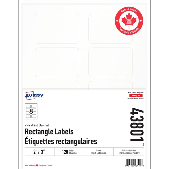 Avery Rectangle 2" x 3", Labels, Laser/Inkjet Printers, Print-to-The-Edge, 120 Labels, Permanent, Rectangle, Matte White, (43801) Made in Canada