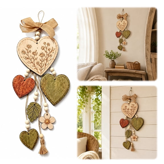 Layered Wooden Heart Wall Hanging Flower Heart Design Rustic Farmhouse Jute Rope Stacked Ornament with Wood Beads for Door Porch Entryway Wall Decor (Flower Heart)