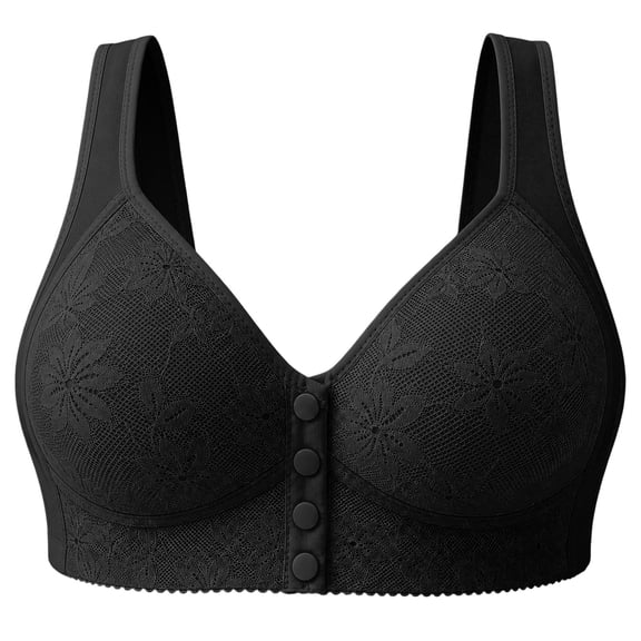 Fmbrln Bras for Women Plus Size Front Closure Wireless Bra Lace Fixed Cup Everyday Bras Side Support for Underarm Comfy Sports Bra Black XL