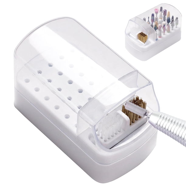 Soporte para brocas de uñas 2 en 1 y estuche para cepillo de limpieza de brocas para uñas, soporte para brocas para decoración de uñas a prueba de polvo con 30 agujeros (blanco)