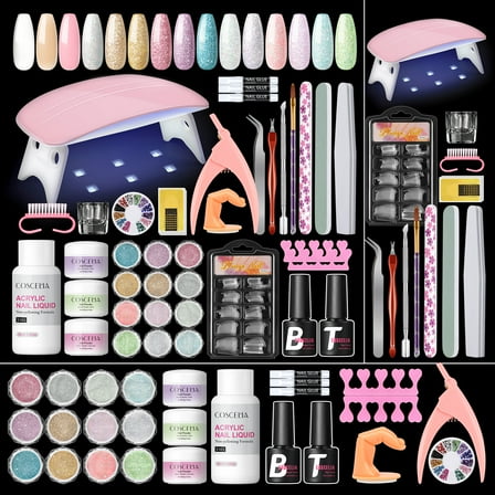 COSCELIA Acrylic Nail Kit with u v Light for Beginners 12PC Glitter Decorations Powders Nail Set Kit Nail Art Professional DIY Gift for Women