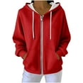 thumbnail image 2 of Zedker Women's Ribbed Hooded Jackets Casual Long Sleeve Drawstring Zipper Kniited Tops with Pockets Solid Color Fall Winter Shackets,Red,XL, 2 of 9