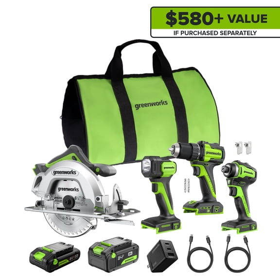 Greenworks 24V Cordless Brushless 4PCs Combo, 400 in-lbs Drill/Driver 1950 in-lbs Impact Driver  6.5" Circular Saw  200LM Flashlight, w/2.0Ah 4.0Ah Battery,24000mAh Power Bank,65W 3-Port Fast Charger