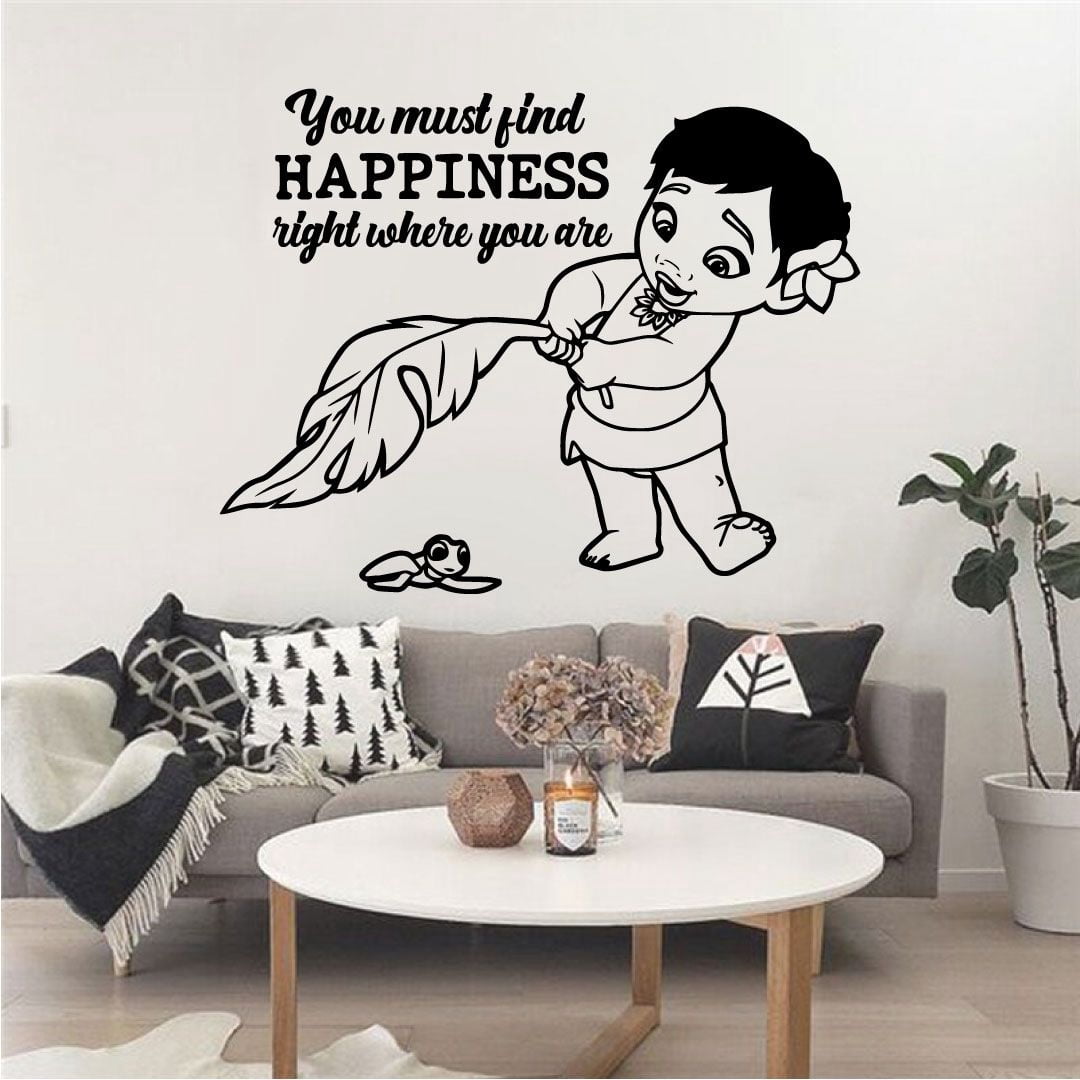 You Must Find Happiness Right Where You Are Vinyl Wall Art Sticker Decal Moana Disney Themed Wall Sticker For Girls Boy Kid Room Design Bedroom Nursery Kindergarten House Decoration Size (20x20 inch)