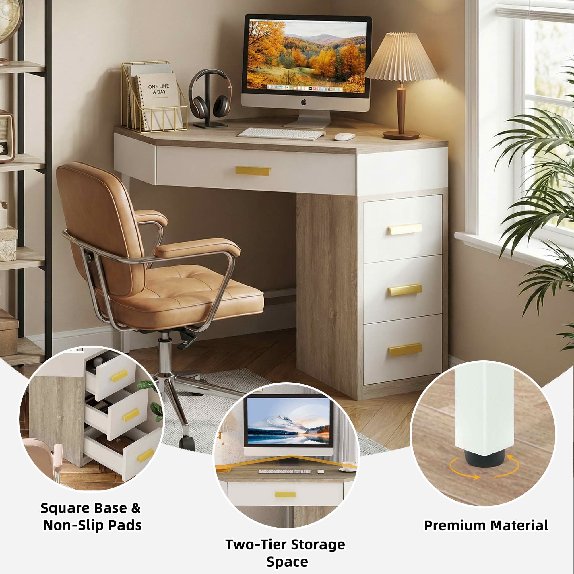 MAYEERTY 90° Triangle Corner Desk with 4 Drawers, Vanity Makeup Computer Desk