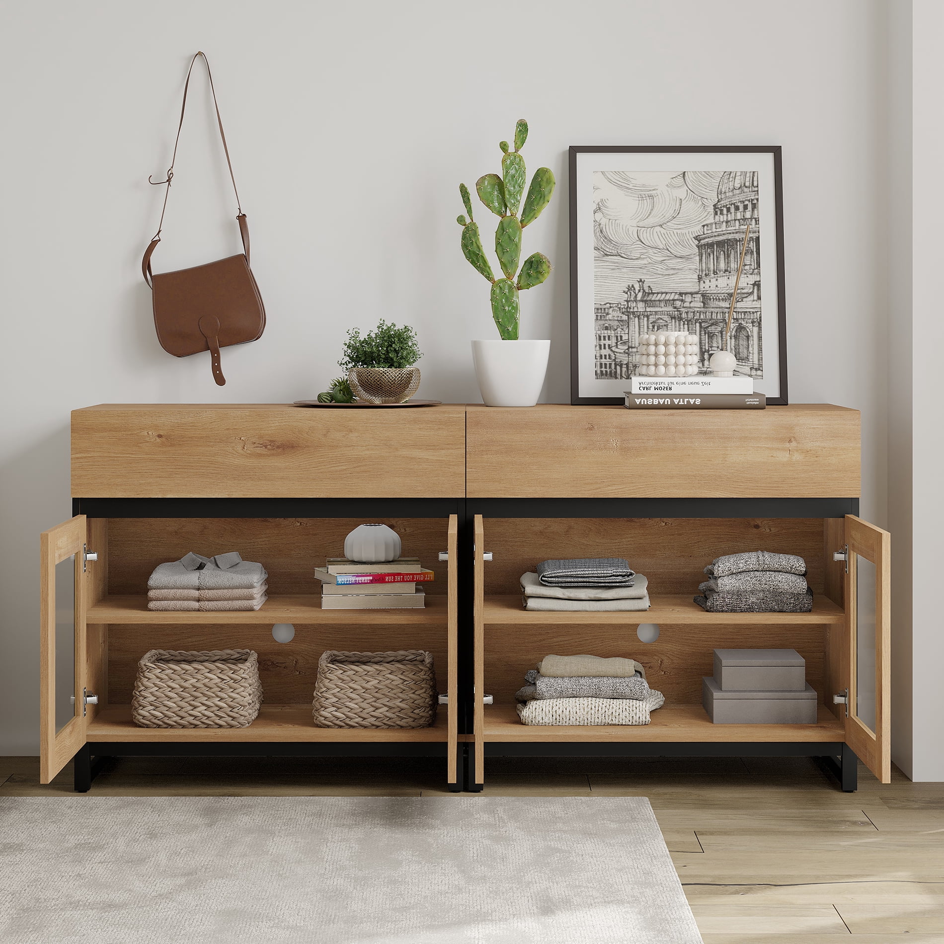 Modern TV Stand with Glass Door & Drawer, Metal Base Entertainment Console up to 70 Inch TVs, Media Console for Living Room & Bedroom,Oak