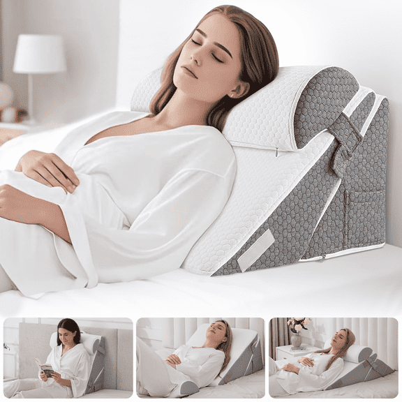 iHrat Wedge Pillow for Sleeping,Orthopedic Adjustable Memory Foam Bed Wedge Pillows Set for Leg Back Pain Relief & Reading Rest,Headboard with Neck Support & Gray Removable Pillowcase