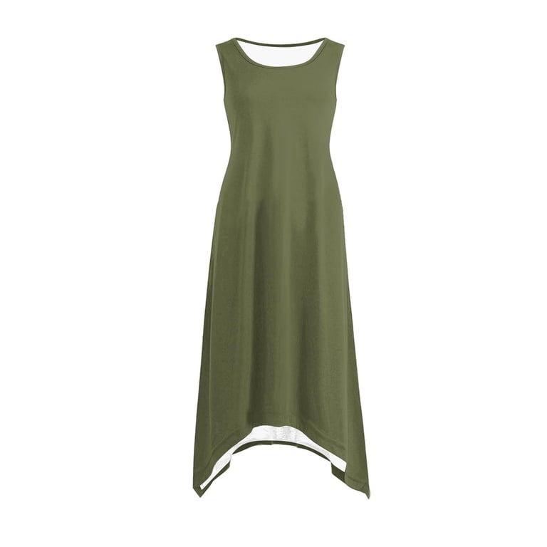 boho dress next day delivery UPPADA Women's Hankerchief Hem Maxi Tank Dresses Summer Loose Fit  Sleeveless Crew Neck Sundress Casual Ruffle A-Line Boho Dress Next Day  Delivery Army Green,XL