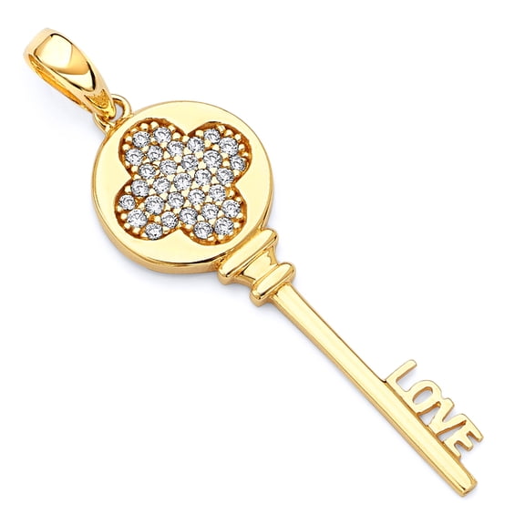 Wellingsale 14K Yellow Gold Polished Love Key to My Heart Charm Pendant with Micro Pave CZ Accent