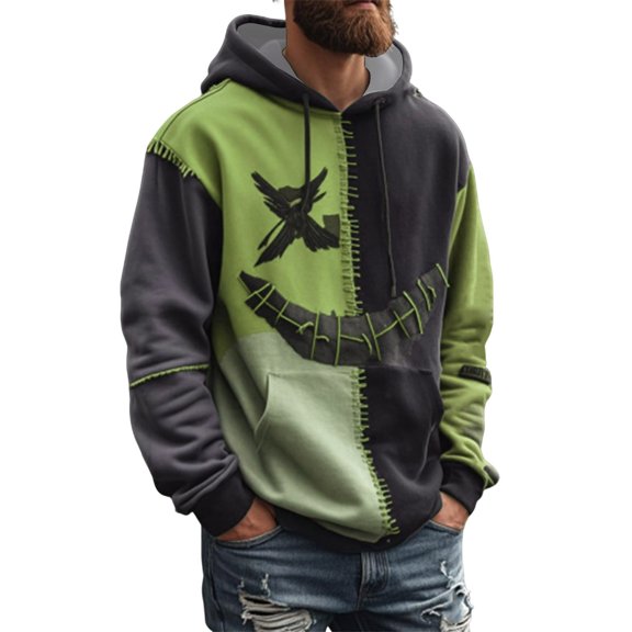 ZVNAΖH Men's Halloween Hoodie, Long Sleeve Stitch Patchwork Pullover with Drawstring Hood and Kangaroo Pocket, Casual Gothic Tops for Fall Winter, S-5XL