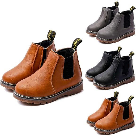 Toddler Kids Girls Zipper Round Toe Chunky Chelsea Ankle Boots Low Heel Slip On Dress Booties Winter Shoes