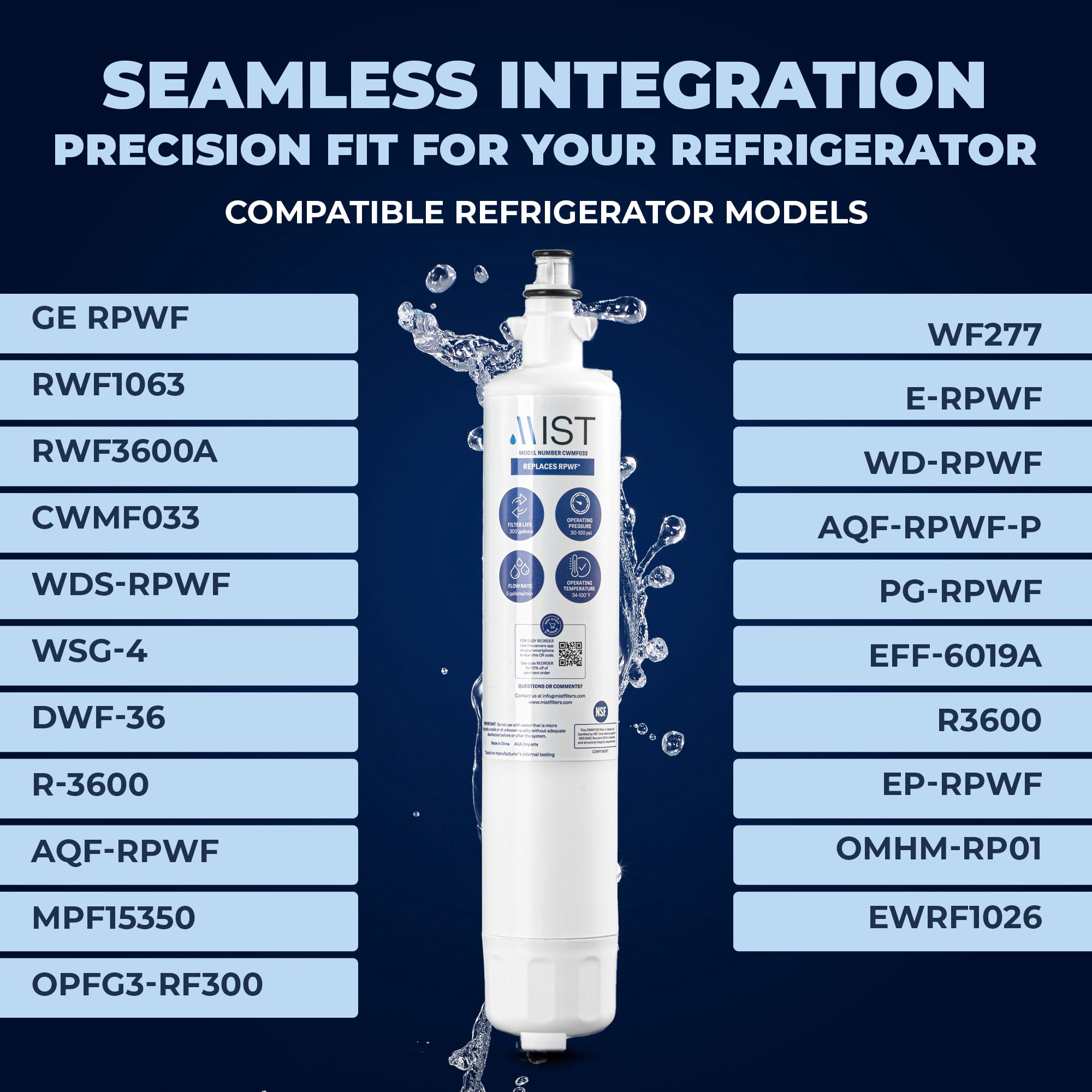 Mist RPWF Refrigerator Water Filter Replacement Cartridge for GE RPWF (Not RPWFE), Compatible with RWF1063, RWF3600A, WSG-4, DWF-36, R-3600, MPF15350, OPFG3-RF300, BCF77, 3-pack