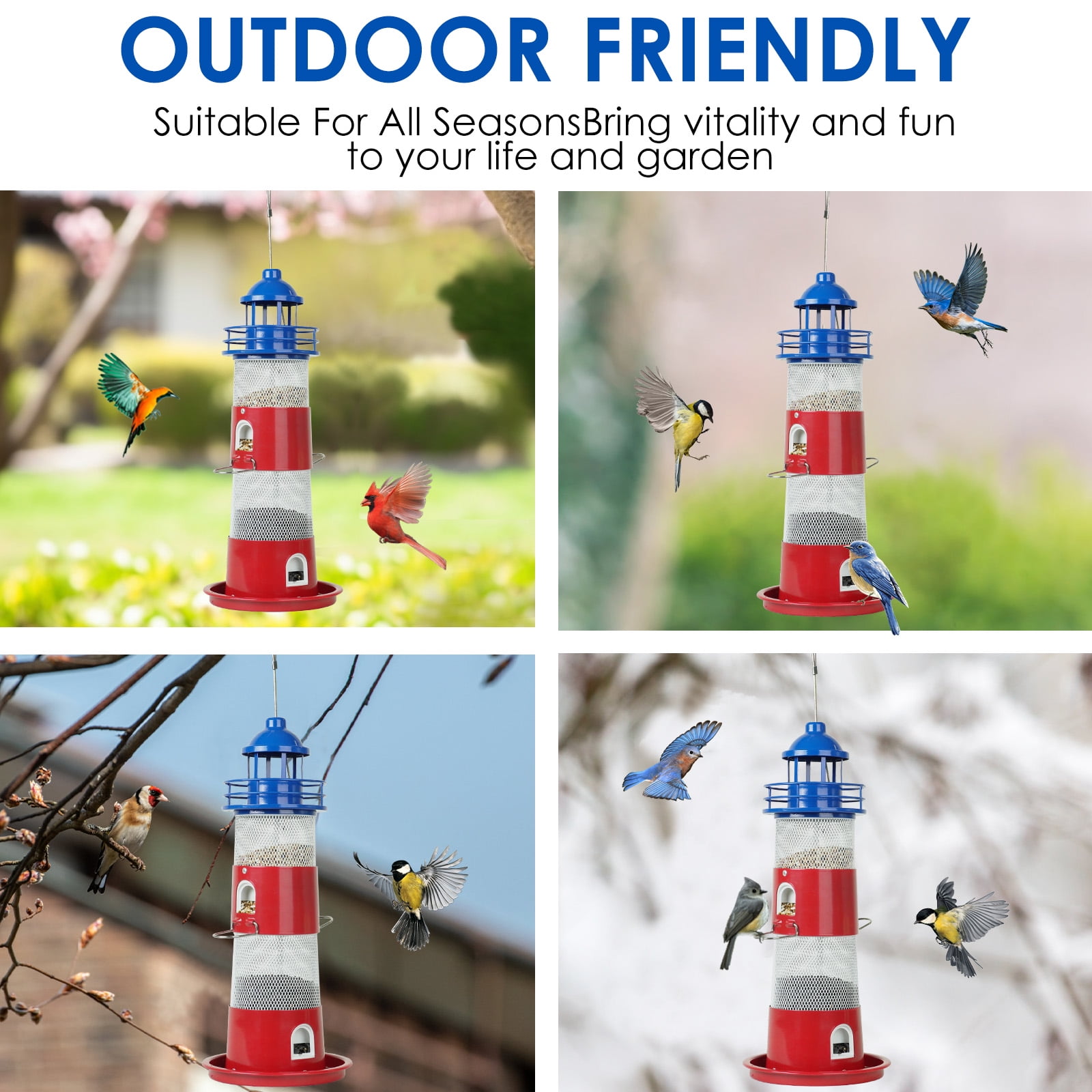 Birdkiss Wild Bird Feeder for Outdoors Hanging, Metal Squirrel-Proof Bird Seed Feeder with 4 lbs Large Capacity Layerable for Cardinal, Finch, Sparrow, Blue Jay - Blue & Red