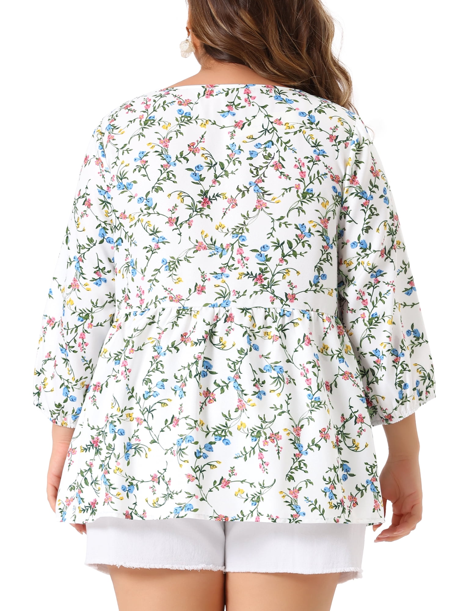 Unique Bargains Women's Plus Size 3/4 Sleeves Chiffon Keyhole Floral Tops 2X White