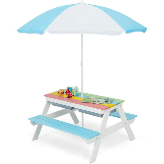 GLACER 3-in-1 Kids Picnic Table, Wooden Sand and Water Table w/Removable & Adjustable Umbrella, Removable Sand Box, Built-in Benches, Kids Outdoor Furniture for Toddler, Patio, Backyard (Blue White)