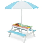 GLACER 3-in-1 Kids Picnic Table, Wooden Sand and Water Table w/Removable & Adjustable Umbrella, Removable Sand Box, Built-in Benches, Kids Outdoor Furniture for Toddler, Patio, Backyard (Blue+White)